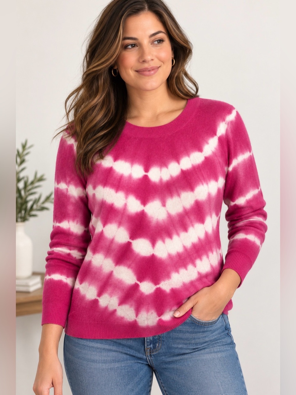 J CREW 100% Cashmere M Long Sleeve Crewneck Sweater Tie Dye Pink Pullover